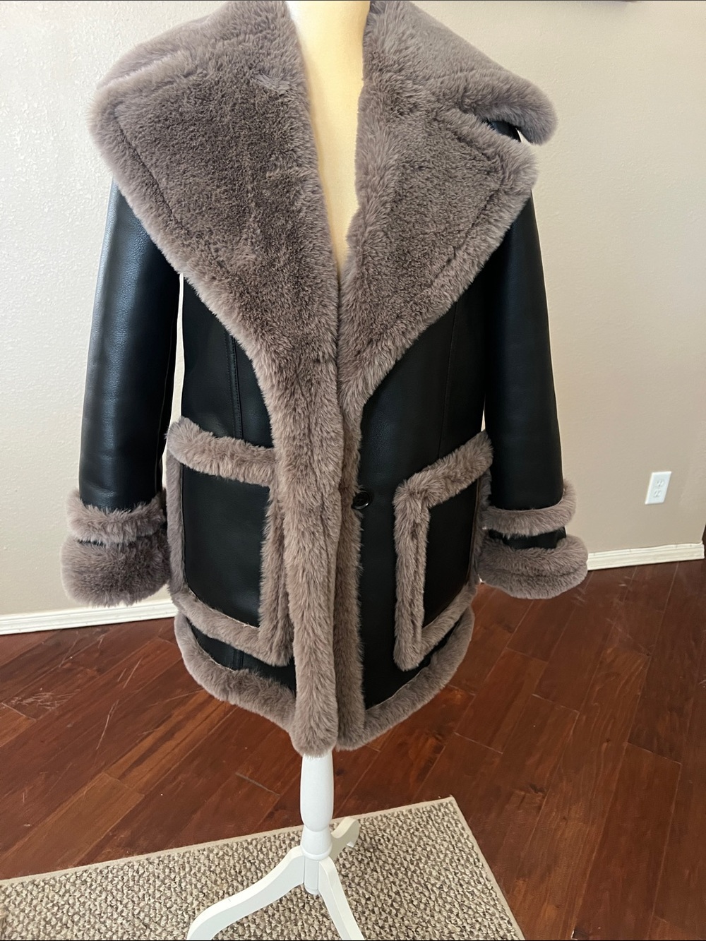 Banana Republic Black Leather Jacket with Taupe Shearling Trim